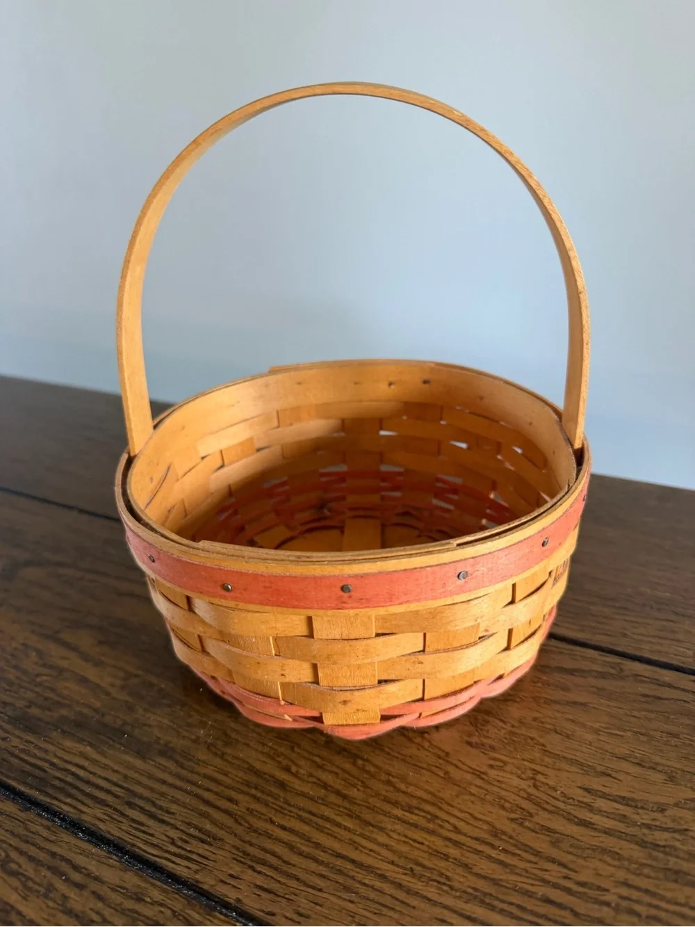 Longaberger Woven Basket With Red Trim And Bottom With Handle Marked Signed